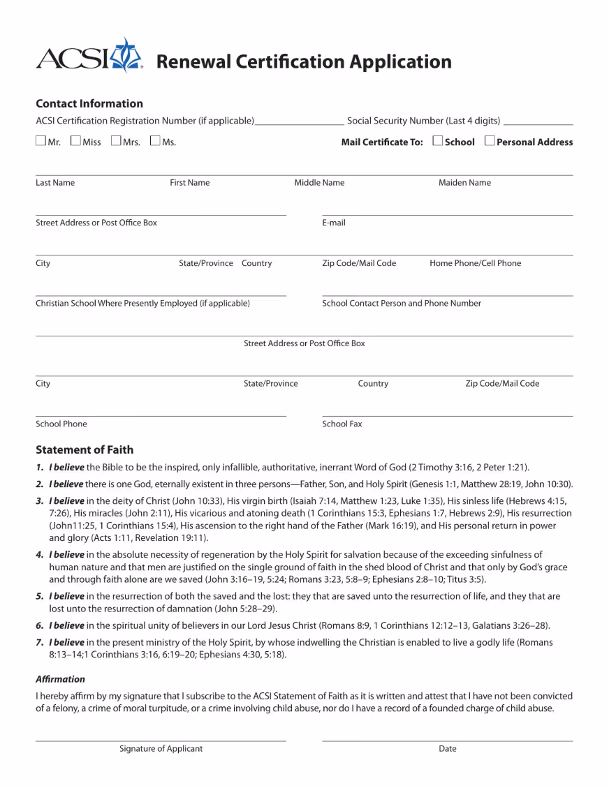 Image of a 'Renewal Certification Application' form from the 'NYSED' with sections for applicant information, employment history, and moral character. The top features the 'NYSED' logo and contact information. The document includes fields for personal details, education, and certification areas seeking renewal.