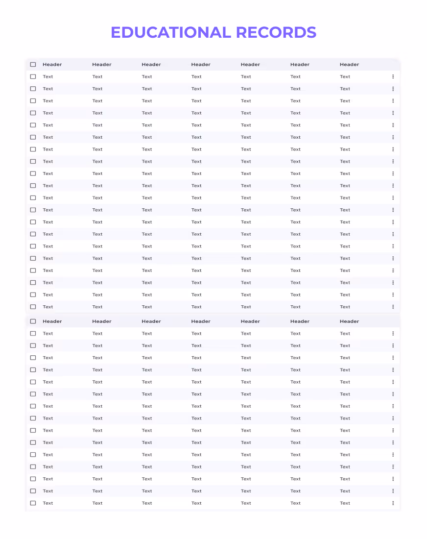 Table titled 'EDUCATIONAL RECORDS' with columns for Year, Degree, University, Grade, and Remarks, against a white background, ready for data entry.