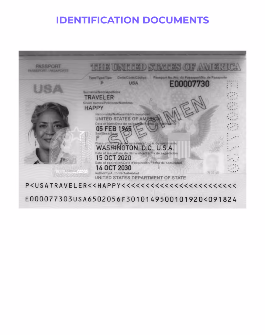 Grayscale image of identification documents, including a driver's license with a photo, personal details, and authentication features.