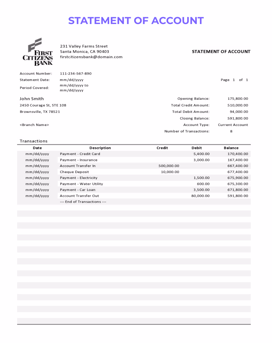 Statement of Account form with a company logo, containing sections for client information, date, activity details, charges, credits, and balance, on a clean layout.