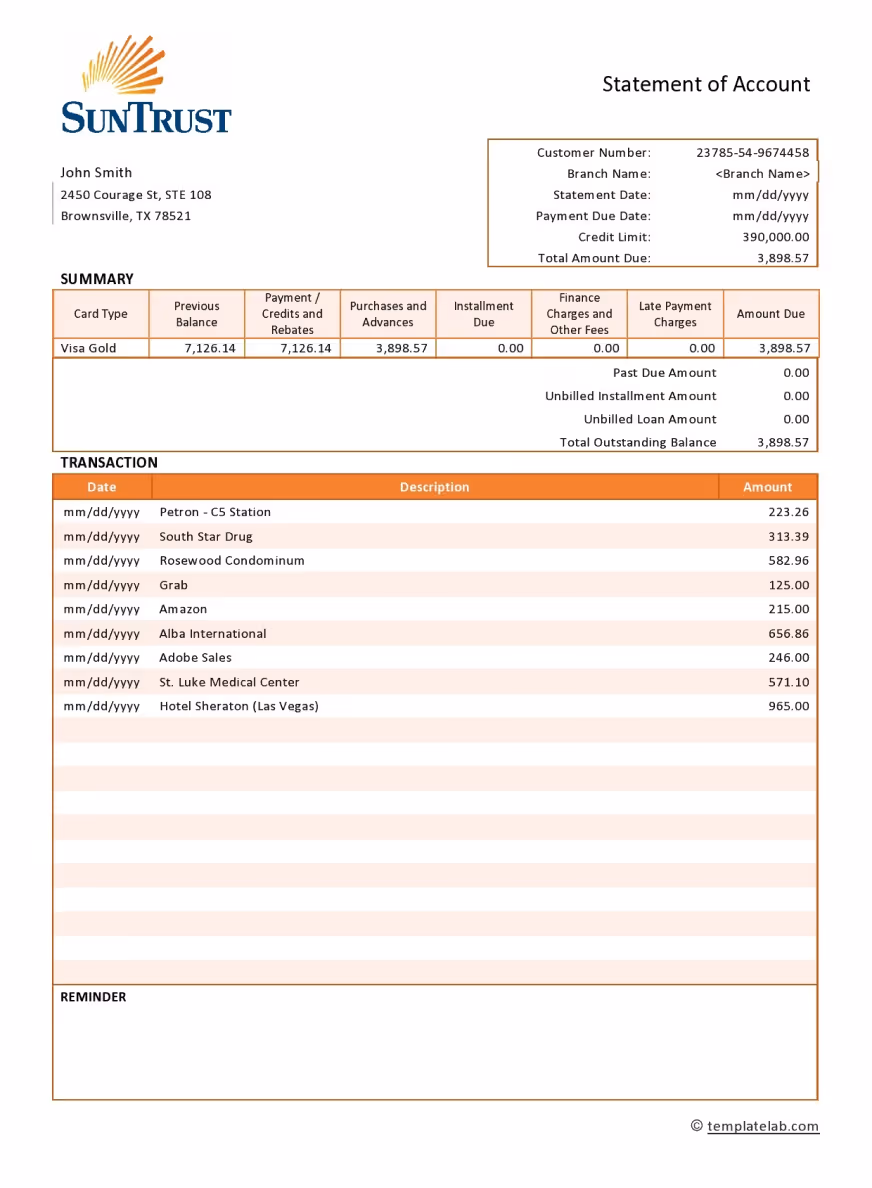 Colorful Statement of Account document from 'SafeStreets' with orange headers, including sections for account and statement details, a summary box, and an itemized list of transactions.