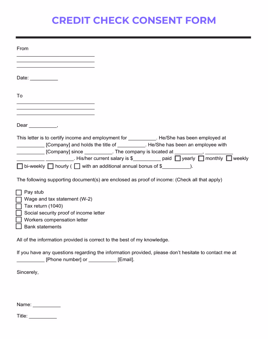 Blank Credit Check Consent Form with fields for personal information including name, address, social security number, and employment details. It contains a disclaimer about the use of information for business purposes and has signature and date lines for authorization.