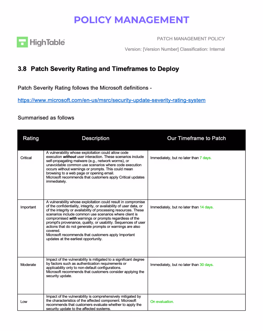 Insurance policy document from BigPolicy detailing '5.8 Patch Security Policy and Standards for Buying,' specifying guidelines and requirements for cybersecurity insurance coverage.