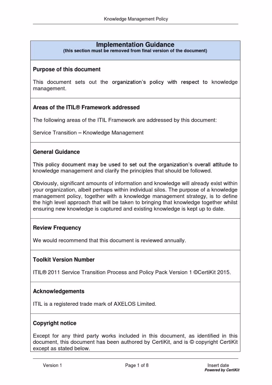 Corporate investment policy document detailing objectives, scope, delegation of authority, investment strategies, and performance review guidelines on a formal template.