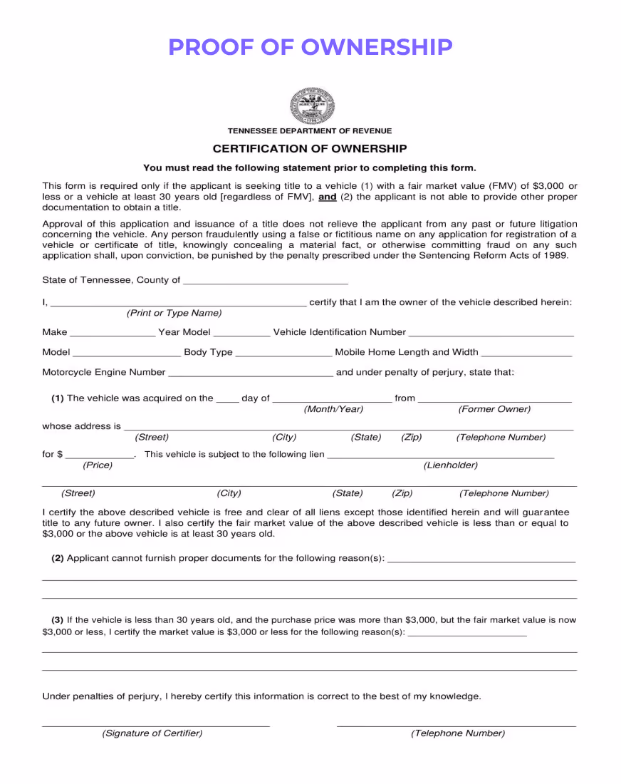 Proof of Ownership document with company logo, outlining the property details, owner information, and declaration, complete with notary section for formal authentication.