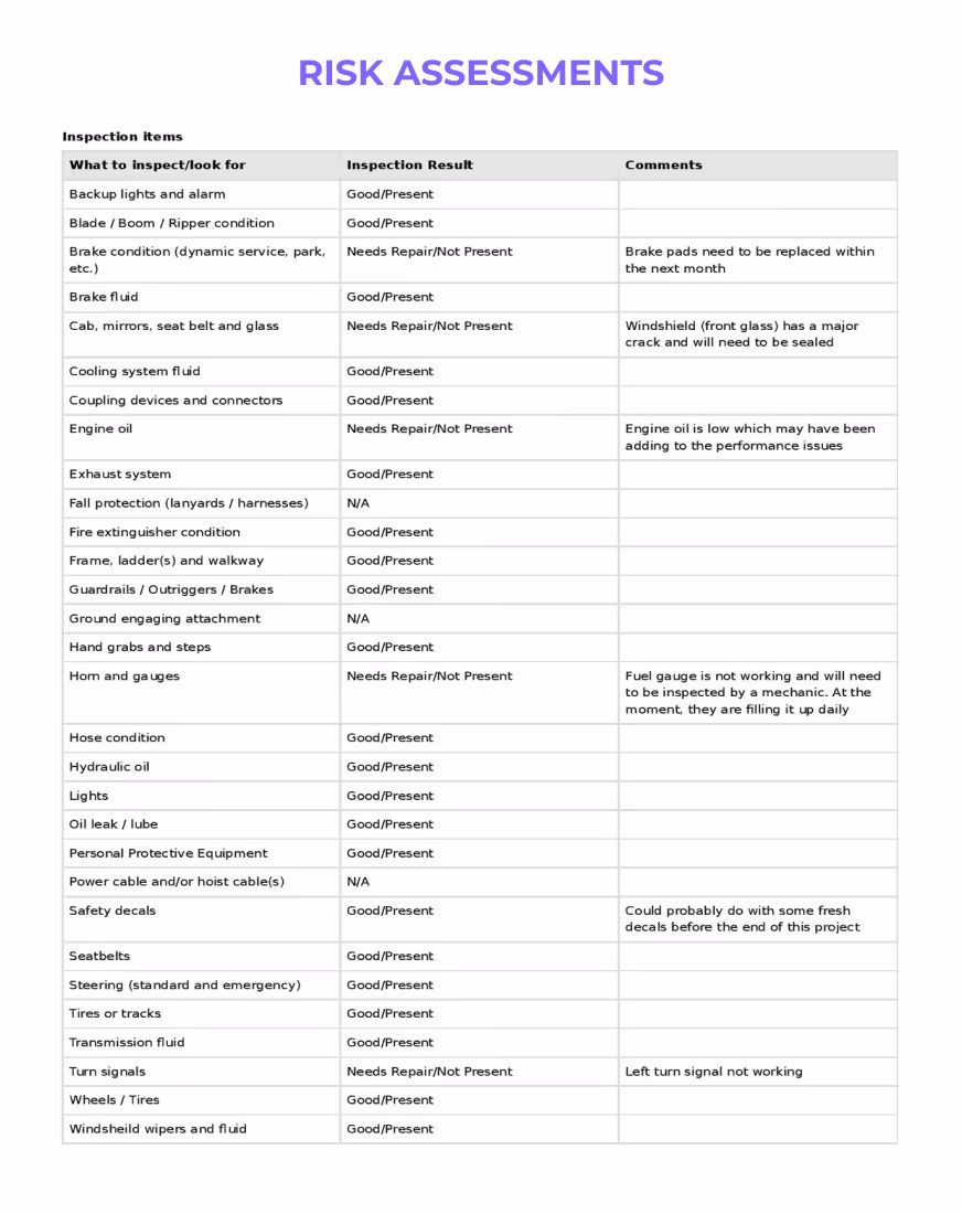 Risk assessment form with a violet header, including fields for risk description, likelihood, impact, existing controls, and additional control measures needed.