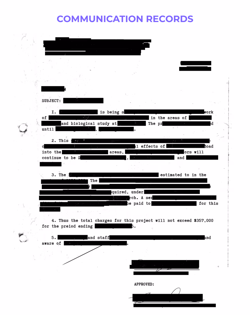 An image displaying a document titled 'COMMUNICATION RECORDS' with sections of text redacted. The visible portions show headers like 'FROM', 'TO', 'SUBJECT', and 'DATE' along with a few lines of text in between the black redaction bars obscuring most of the content. 