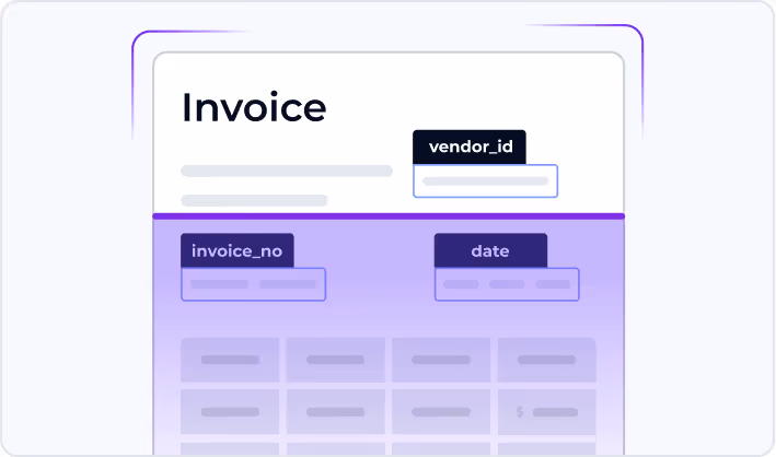 Illustration of an invoice document layout showing labeled fields for vendor ID, invoice number, and date.