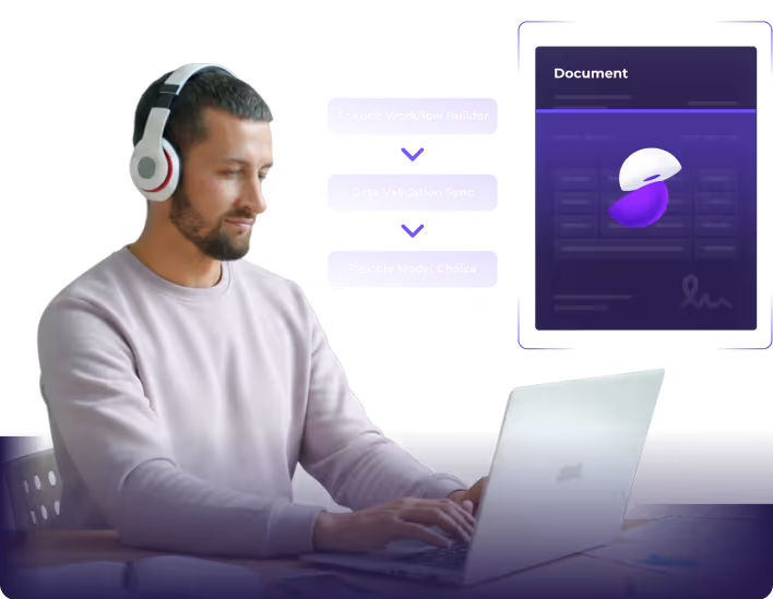 Man wearing headphones typing on a laptop with floating text blocks labeled Agentic Workflow Builder, Data Validation Sync, and Flexible Model Choice next to a document graphic.
