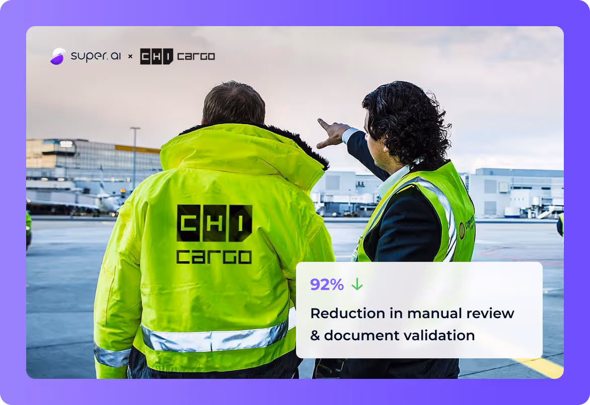 CHI Cargo workers with infographic showing reduced manual review and improved document validation.