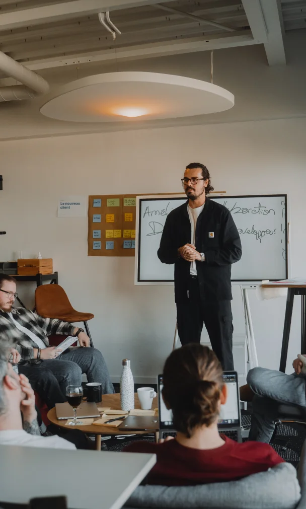 Multiple dashboard screens showing contact lists and activities in a business profile interface.