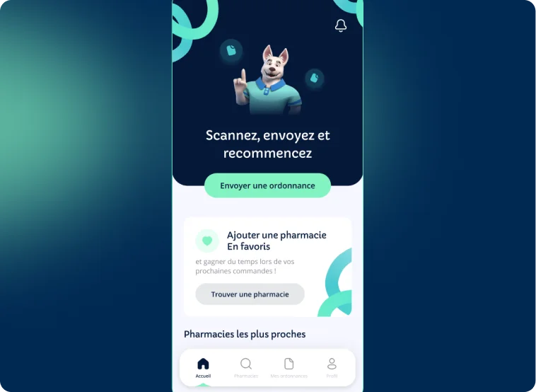 Interface d'application mobile en français avec un personnage chien en haut, bouton vert « Envoyer une ordonnance », option pour ajouter une pharmacie en favoris et barre de navigation en bas.