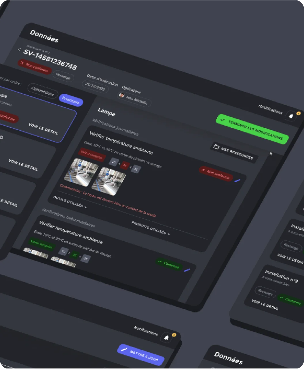 Interface utilisateur d'une application montrant des vérifications de température ambiante avec indicateurs de conformité rouges et verts, photos et boutons d'action.