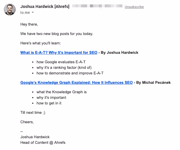 Newsletter email from Ahrefs
