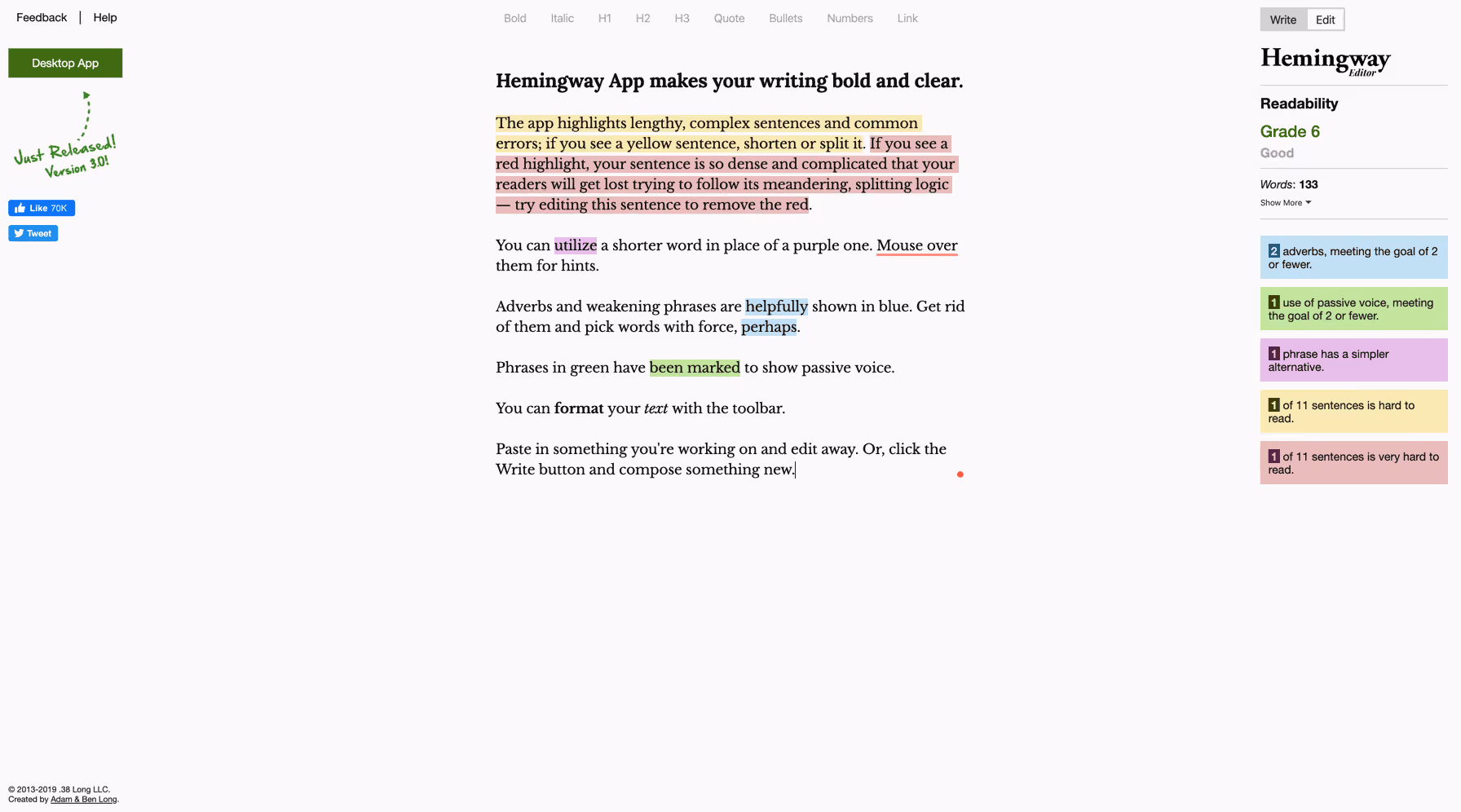 Screenshot of Hemingway app