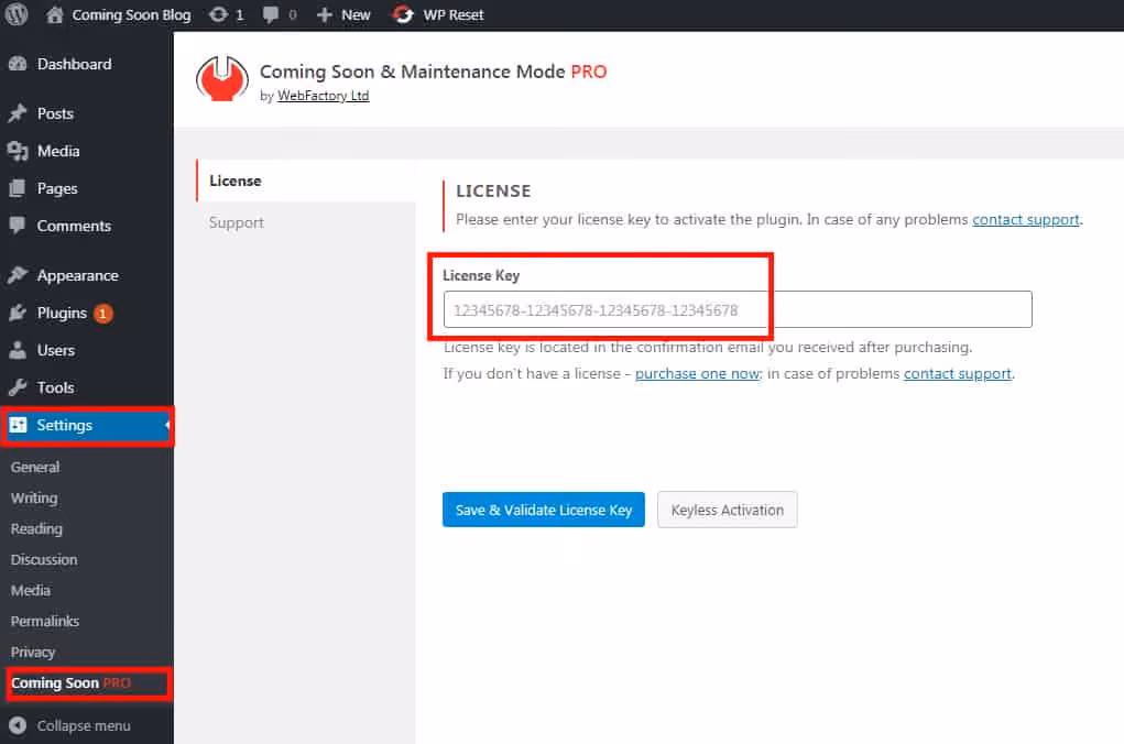 coming soon landing page license key