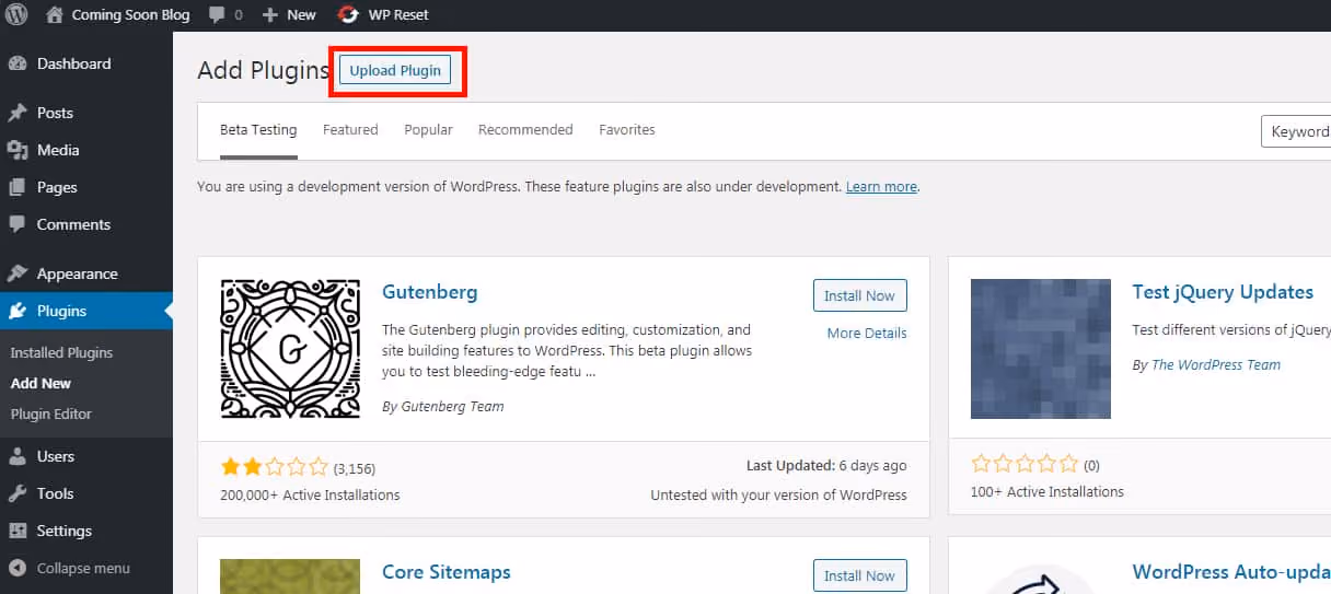 coming soon landing page upload plugin