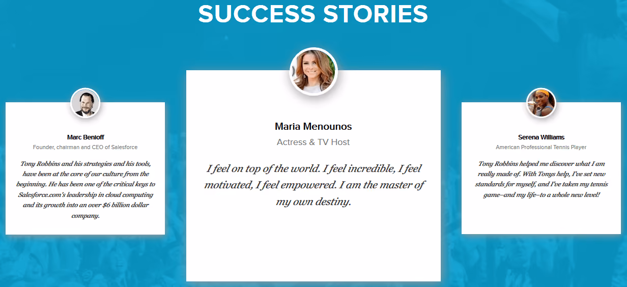 Tony Robbins' testimonials on his homepage