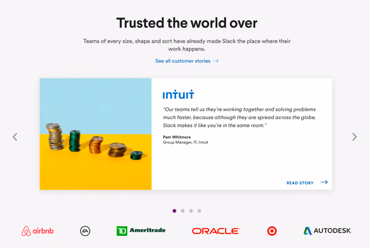 Best Homepages Online - Slack uses a combination of customer case studies and logos of well-known customers