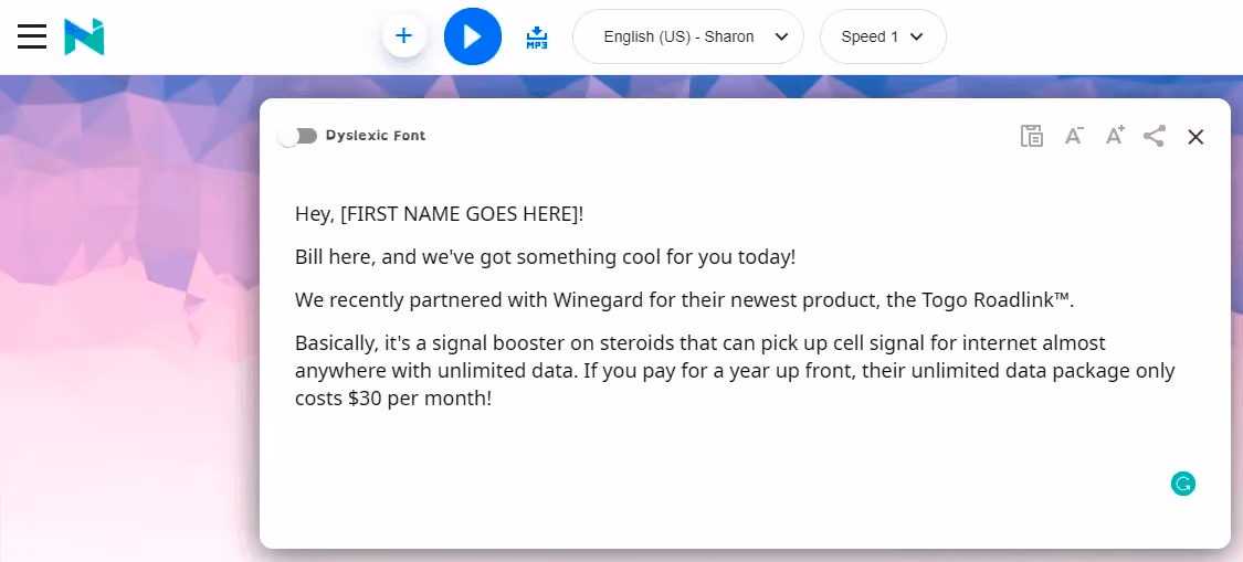 Screenshot of text-to-speech tool like Natural Readers