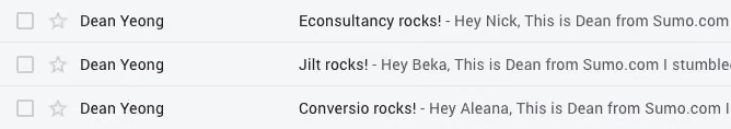 Best Email Subject Lines: Screenshot of email subject lines from Dean Yeong