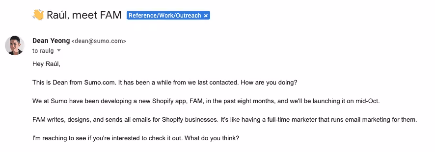 Best Email Subject Lines: Screenshot of email from Dean Yeong