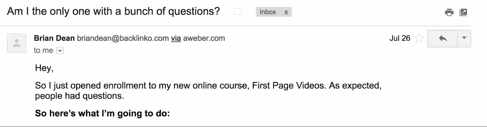 Best Email Subject Lines: Screenshot of email from Brian Dean