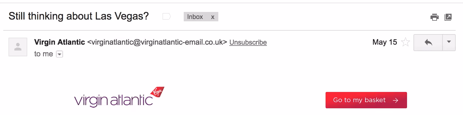 Best Email Subject Lines: Screenshot of email from Virgin Atlantic