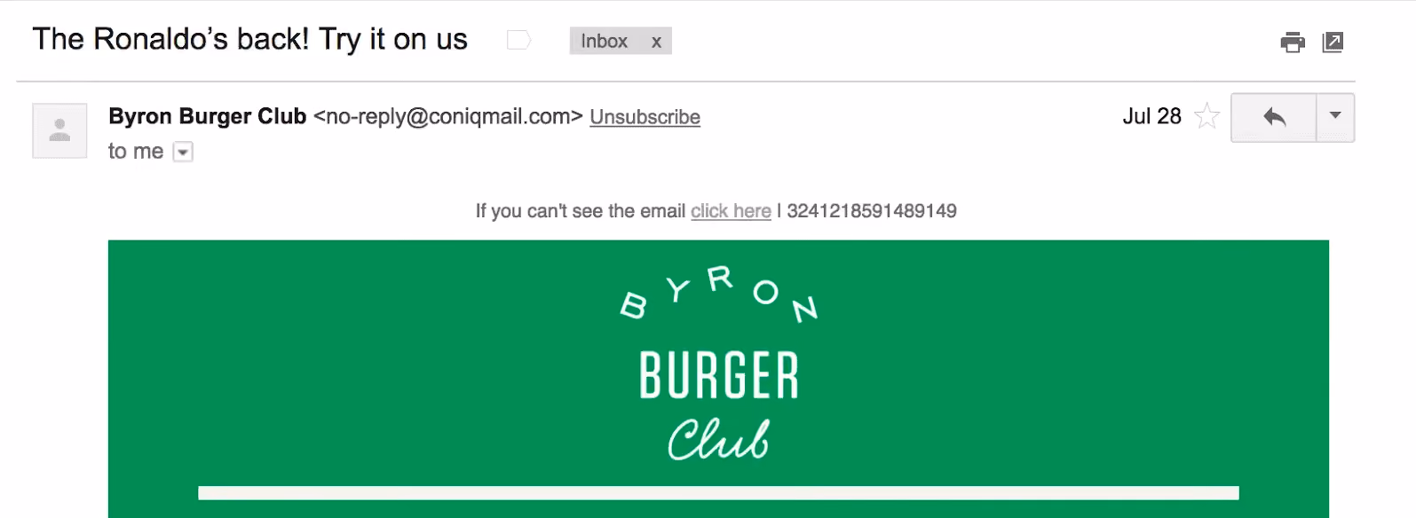 Best Email Subject Lines: Screenshot of email from Byron Burger
