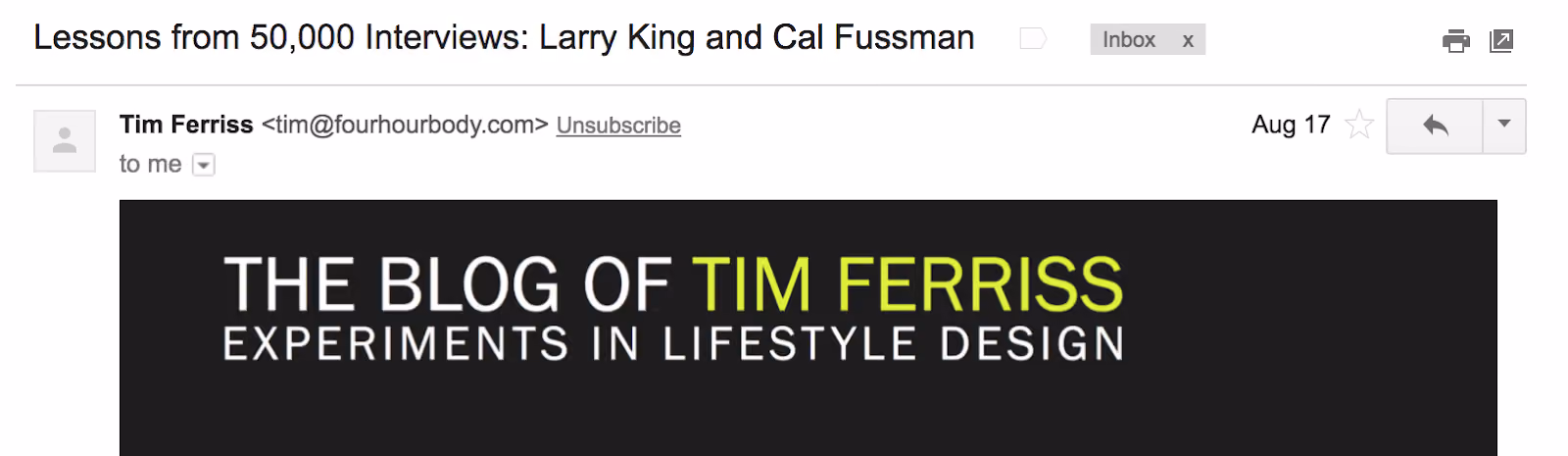 Best Email Subject Lines: Screenshot of email from Tim Ferriss