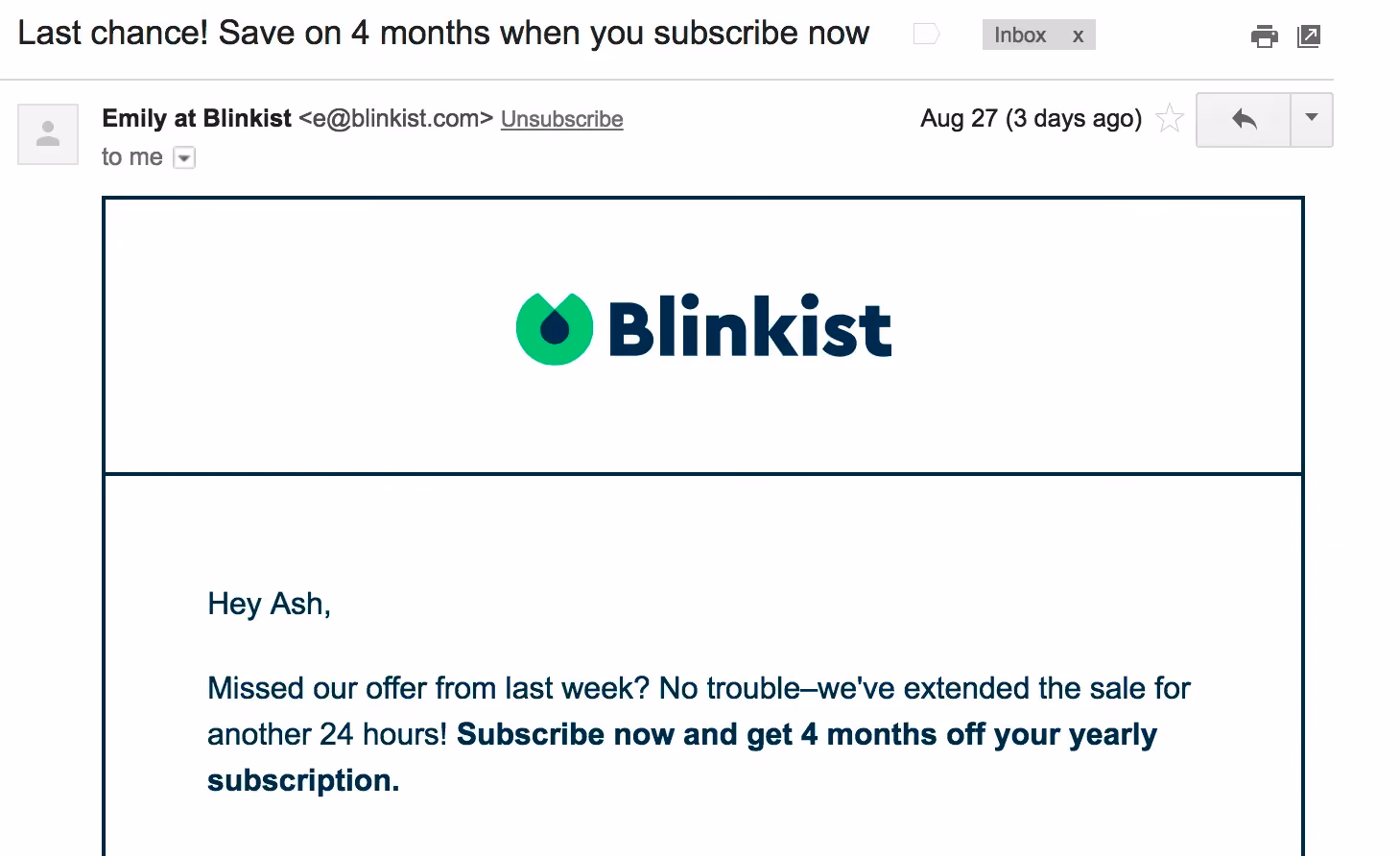 Best Email Subject Lines: Screenshot of email from Blinkist