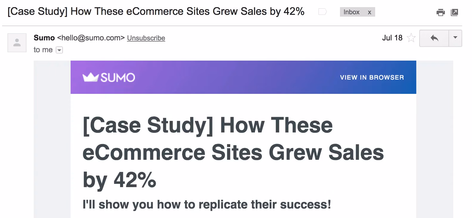 Best Email Subject Lines: Screenshot of case study email by Sumo