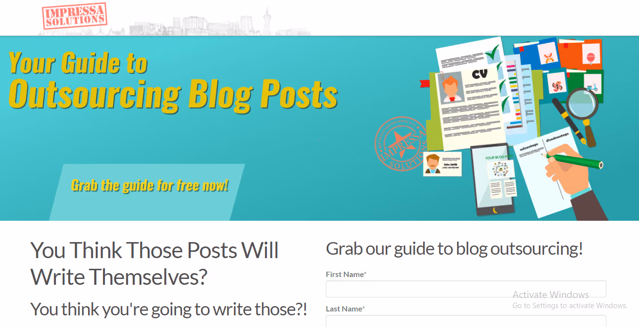 ebook landing page example - Impressa Solution's Guide to Outsourcing Blog Posts 