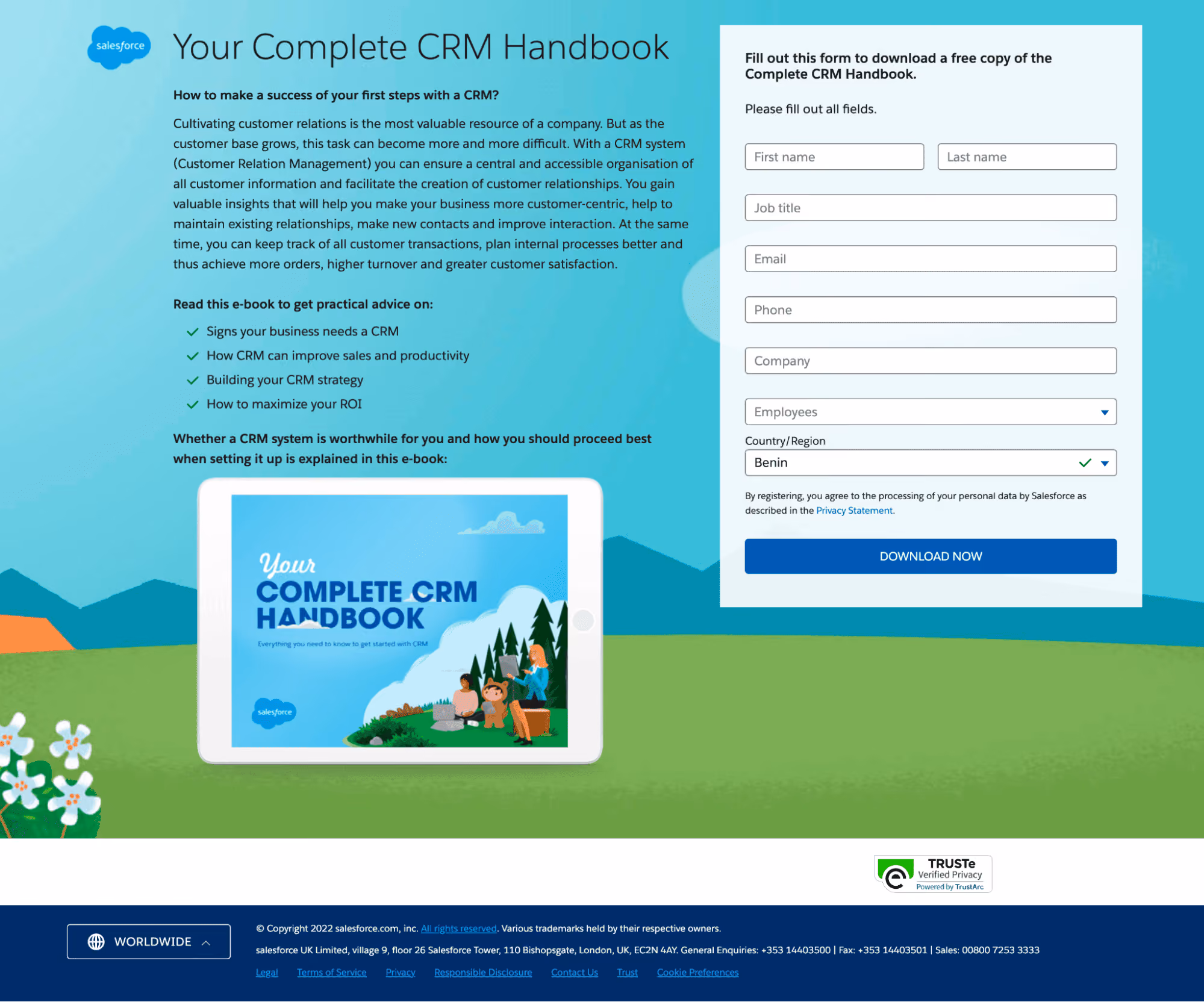 ebook landing page example by Salesforce's CRM Handbook