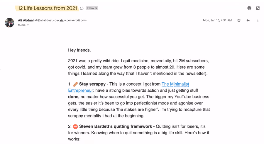 Ali Abdaal's newsletter example