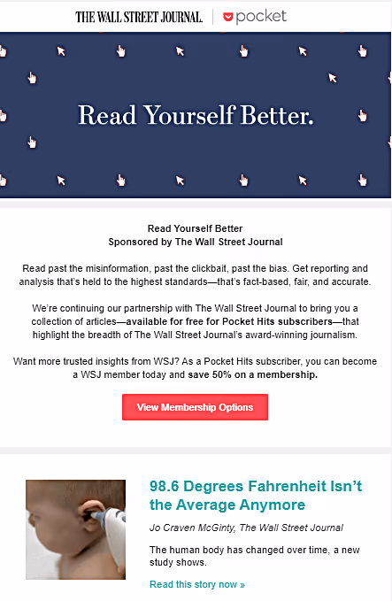 EMAIL NEWSLETTER SPONSORSHIP - Wall Street Journal sponsored a newsletter from Pocket