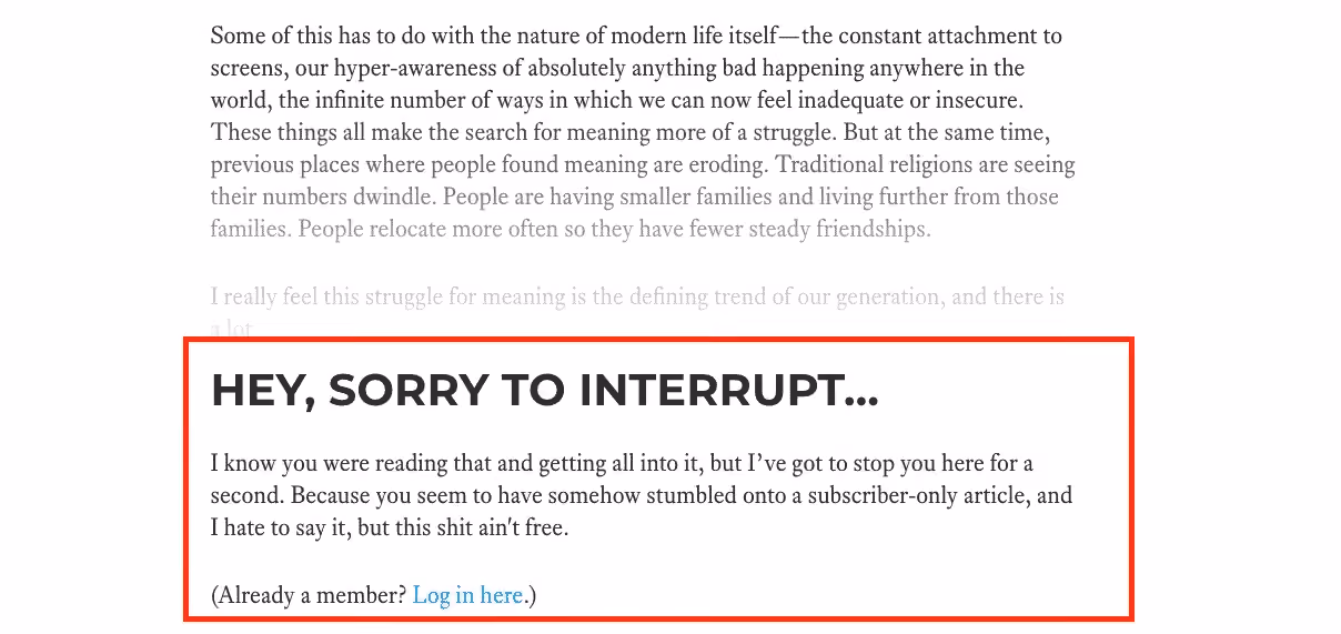 How To Build An Email List: Screenshot of pitch to be a subscriber on subscriber-only post on Mark Manson