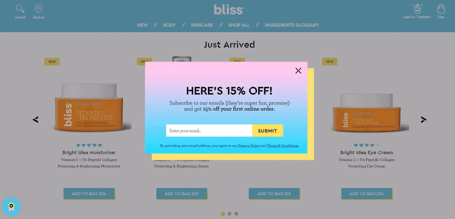How To Build An Email List: Screenshot of Bliss discount popup