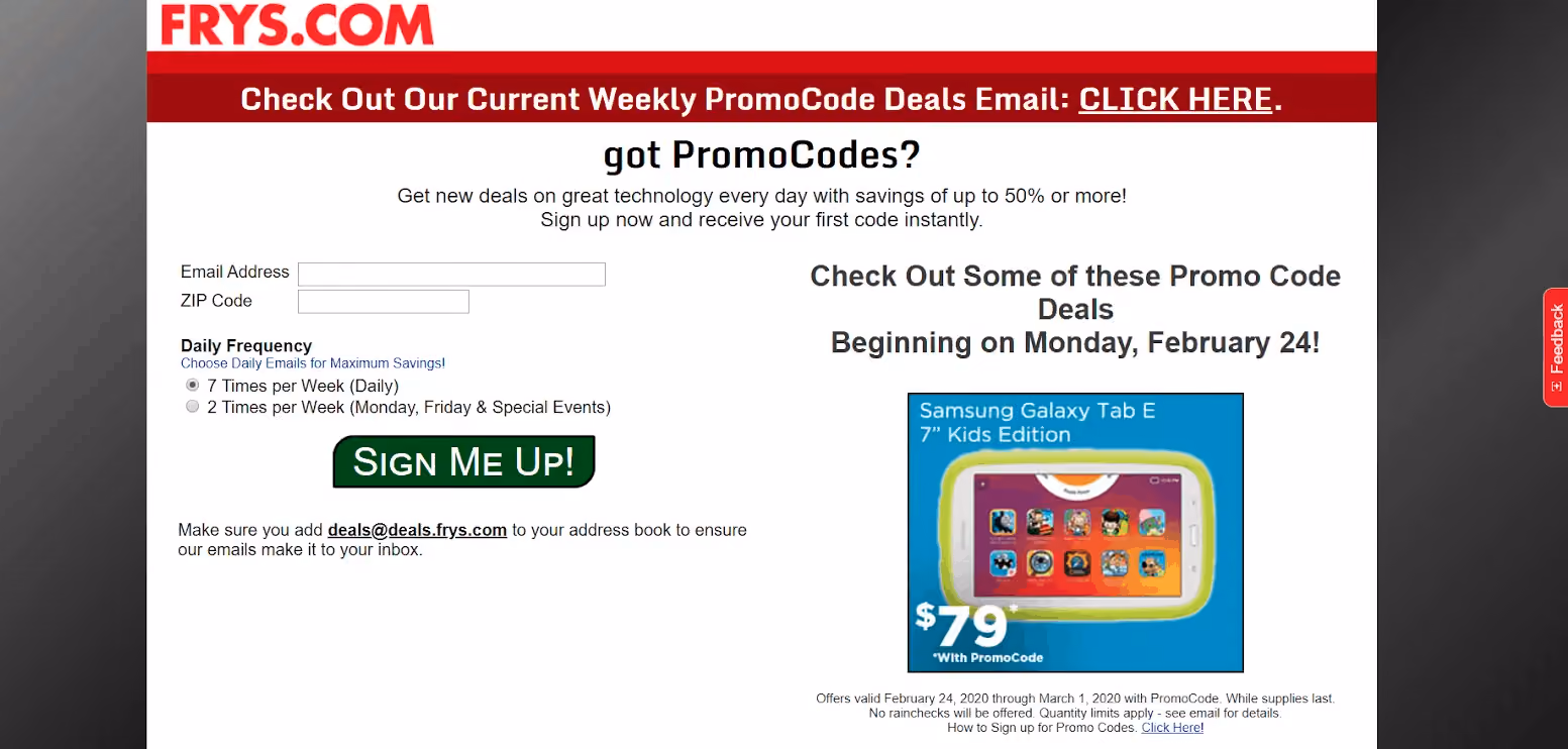 How To Build An Email List: Screenshot of Frys.com landing page to join their newsletter