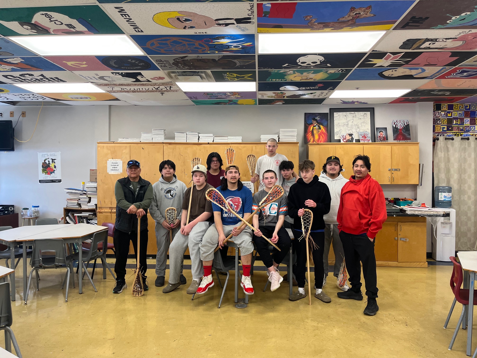 In February Students from grades 9–12 in Unamaki had the opportunity to take part in a special lacrosse stick–making workshop held at ABMHS in Eskasoni.