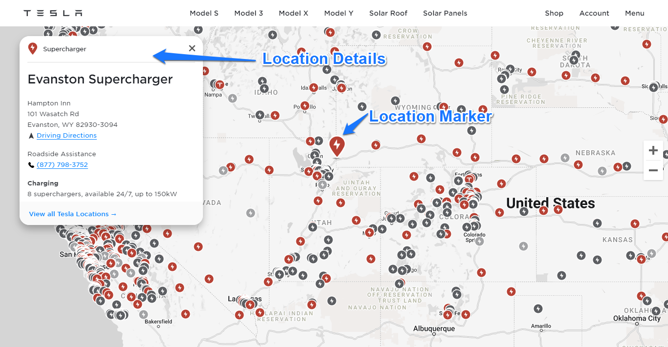 Screenshot: Tesla's supercharger locator