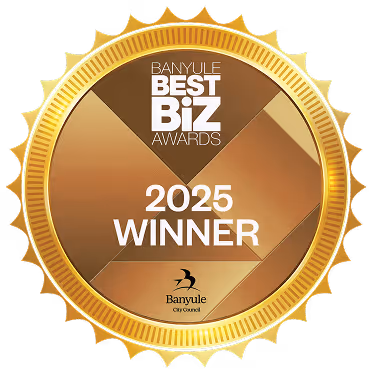 Gold badge with text 'Banyule Best Biz Awards 2025 Winner' and Banyule City Council logo.