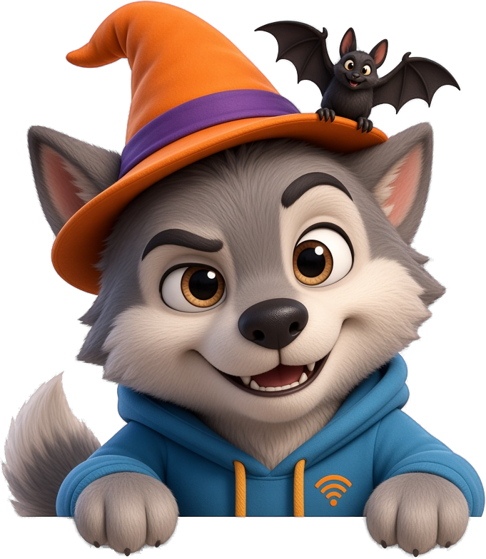 Wolf mascot in a witch hat peeking over a ledge