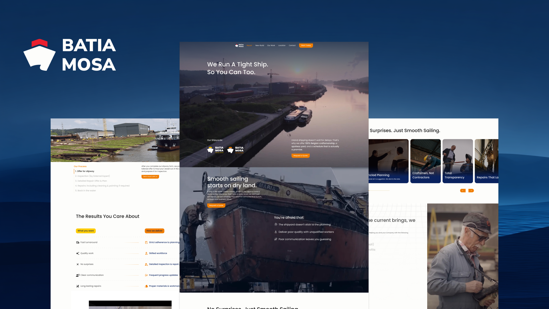 Repair, Redefined: Anchoring Trust in the Inland Shipping Industry Batia Mosa is the antidote to chaos in the inland shipping industry. They are a Belgian shipyard built on absolute precision and "Quiet Confidence". We partnered with them to translate their "Repair, Redefined" philosophy into a comprehensive brand identity and high-performance Webflow platform. The result is a digital ecosystem that mirrors the operational discipline of their physical yard to give skippers immediate peace of mind.