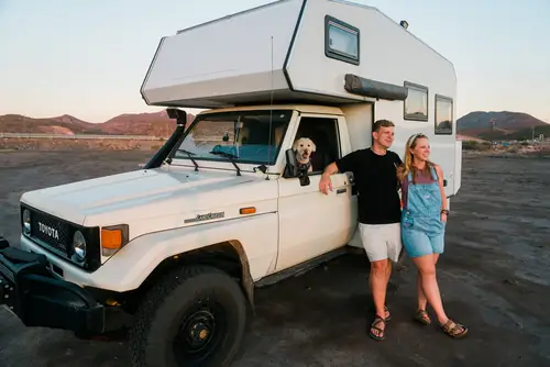 Chris, Sara and Kramer with the Land Cruiser in La Paz, Baja