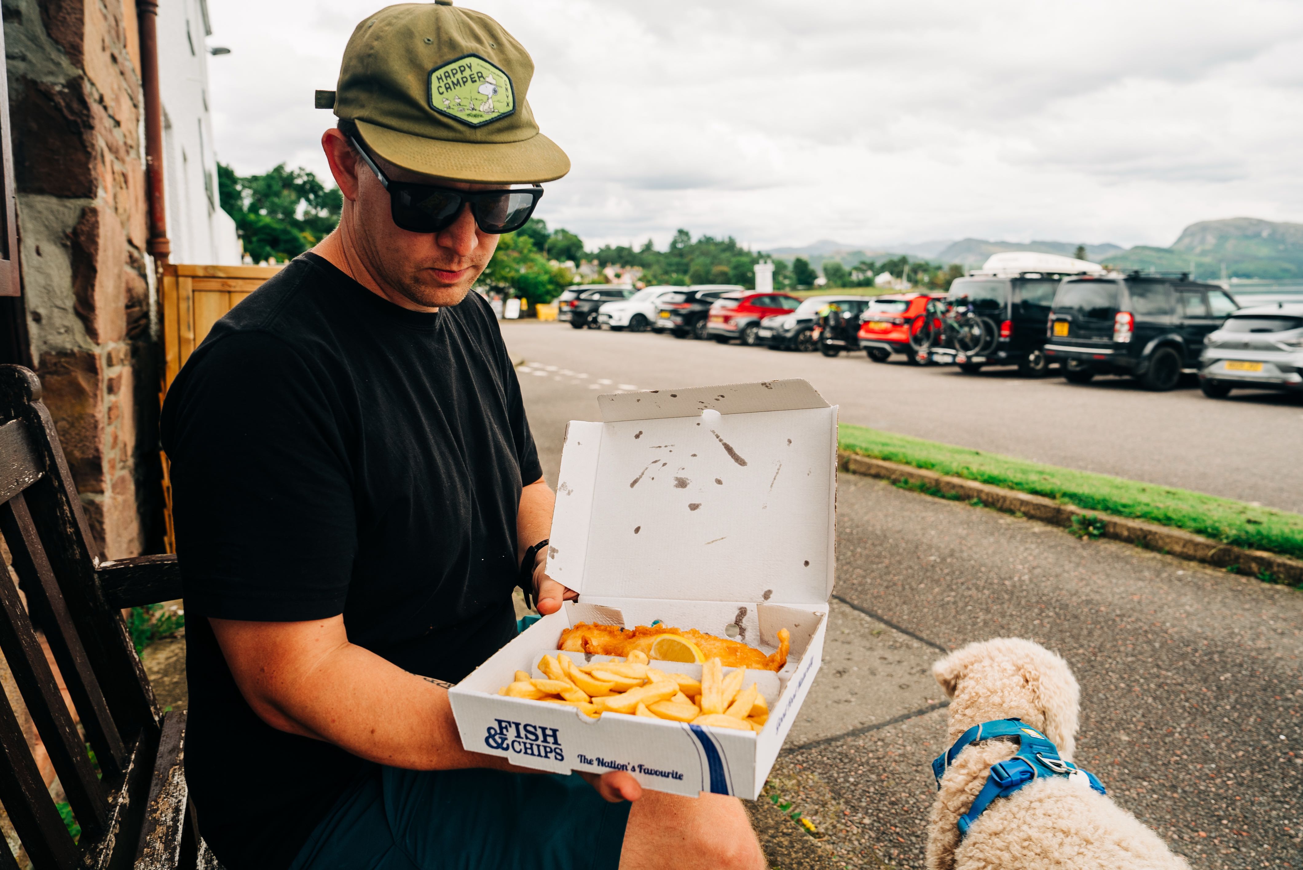 Fish and chips in a box to go