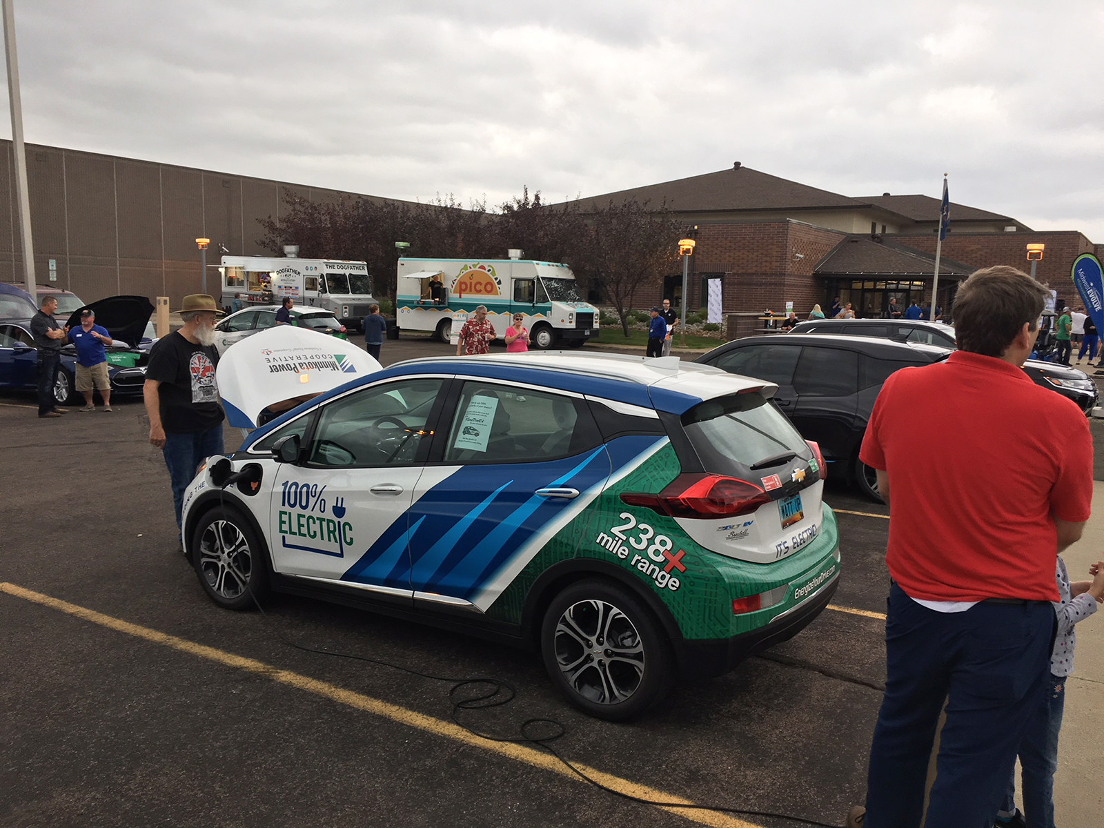 Minnkota's Bolt electric vehicle at an EV tailgate party at Cass County Electric Cooperative in Fargo, North Dakota.