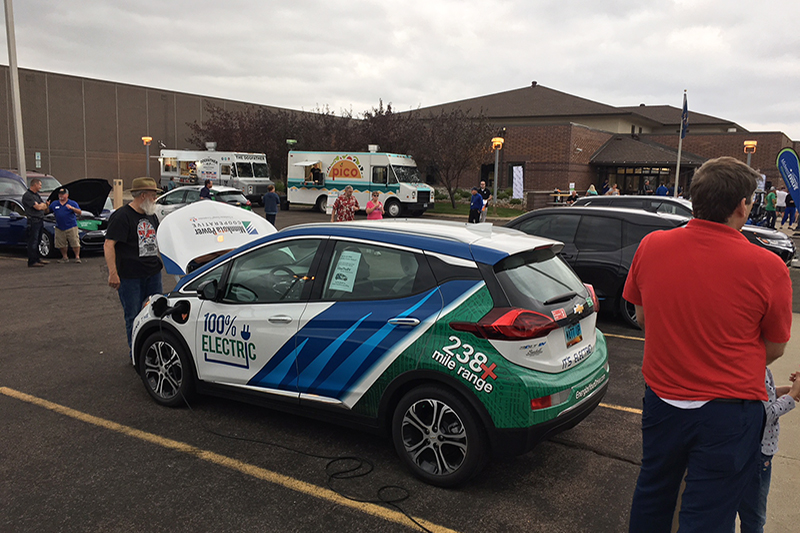 Minnkota's Bolt electric vehicle at an EV tailgate party at Cass County Electric Cooperative in Fargo, North Dakota.