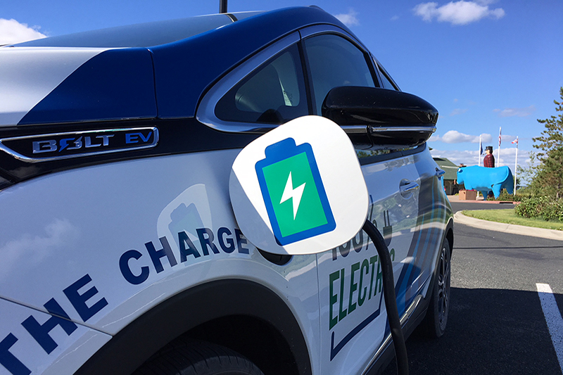 Close up of Minnkota's Bolt electric vehicle's charging port.