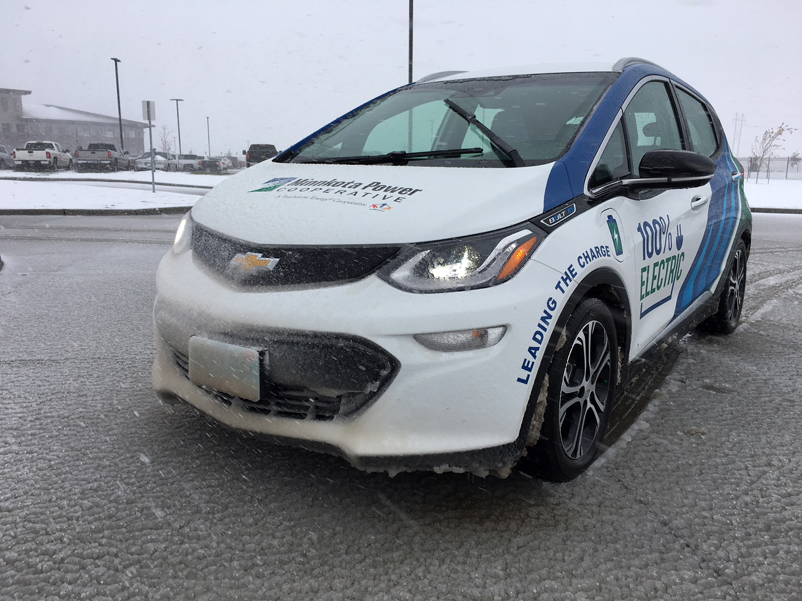 Minnkota's Bolt electric vehicle at Red Lake Electric Cooperative in winter covered in ice.